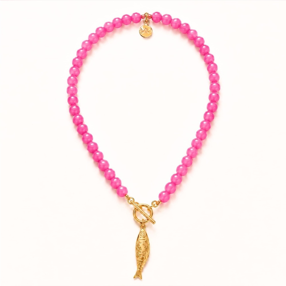Gold Fish Charm Pink Beaded Necklace - Women Jewelry